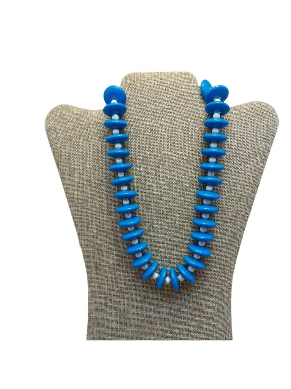 Beaded Necklace White Blue Flat Circle costume jewelry 19"  acrylic